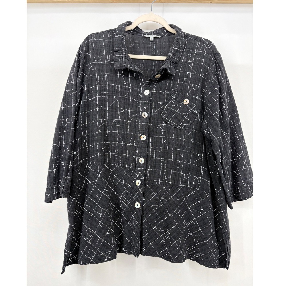 John Mark Size XL Button Up Shirt Black White Grid Geometric Print Cotton Tunic